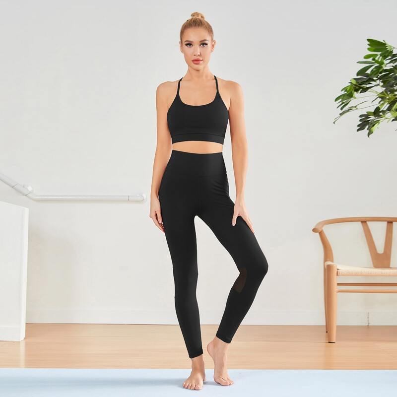 

Contrast Mesh Sports Bra & Leggings, Black