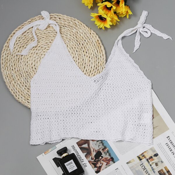 

Tie Shoulder Open Knit Top, White