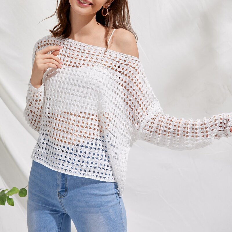 

Drop Shoulder Open Knit Top, White