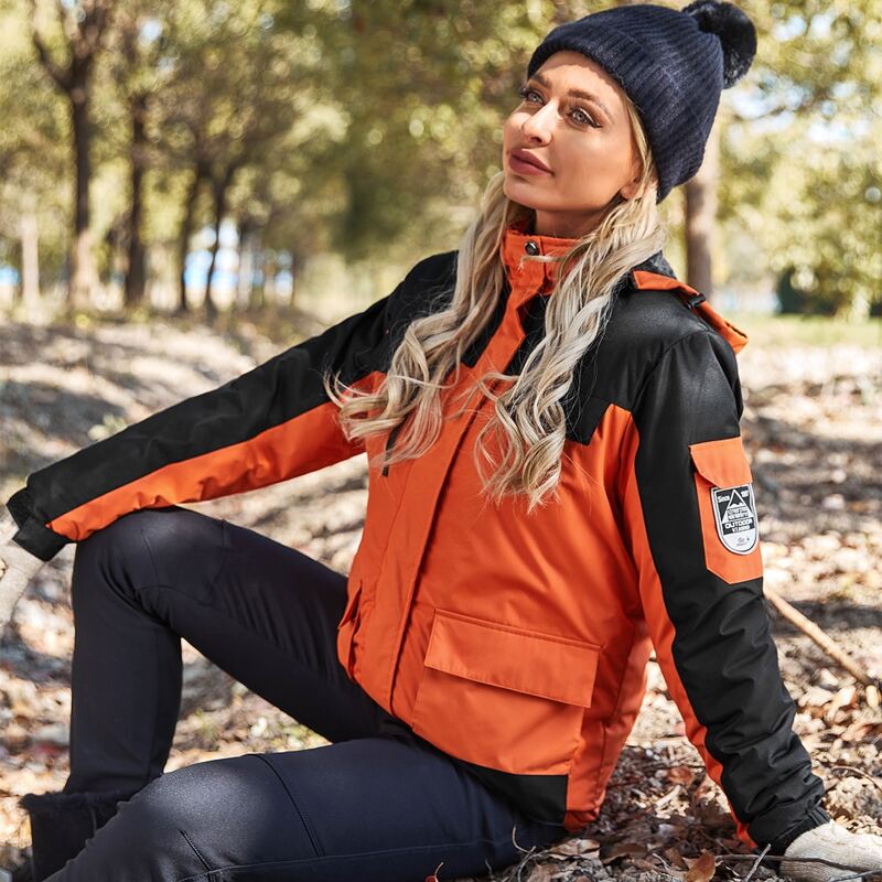 

Color-block Patched Flap Pocket Fleece Lined Waterproof Hooded Jacket, Orange