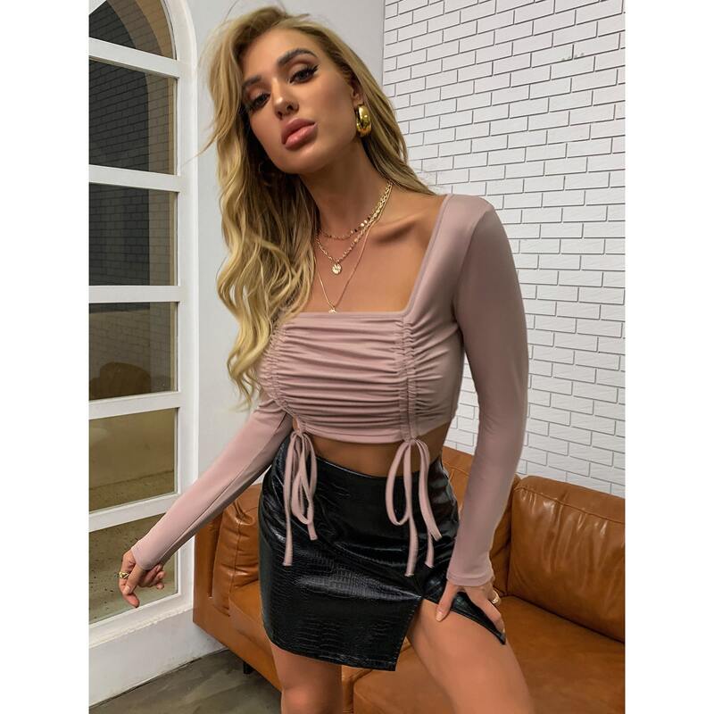 

Square Neck Ruched Drawstring Knot Crop Tee, Dusty pink