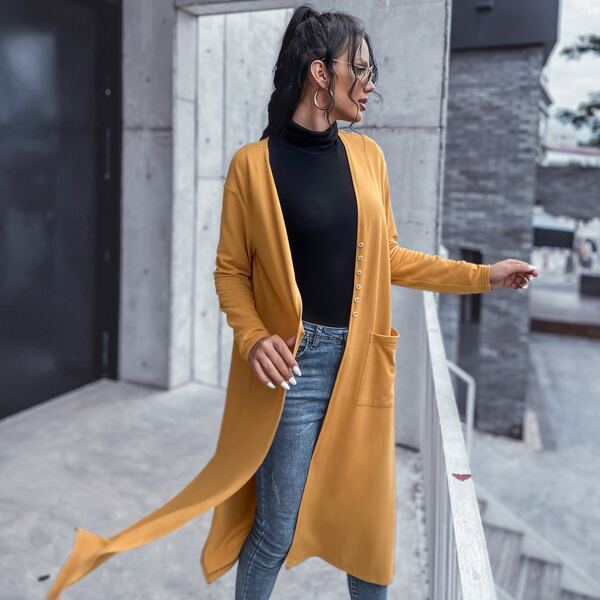

Pocket Front Longline Coat Without Belt, Mustard yellow