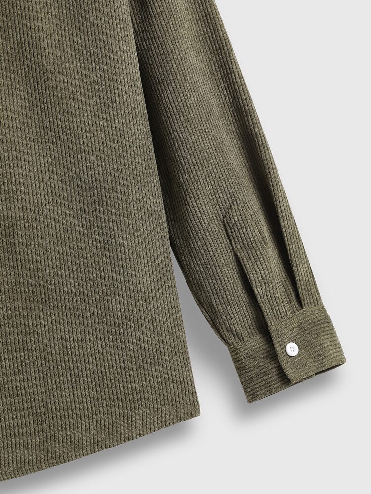 Manfinity Homme Men Corduroy Flap Pocket Button Front Shirt - Army Green - View 3