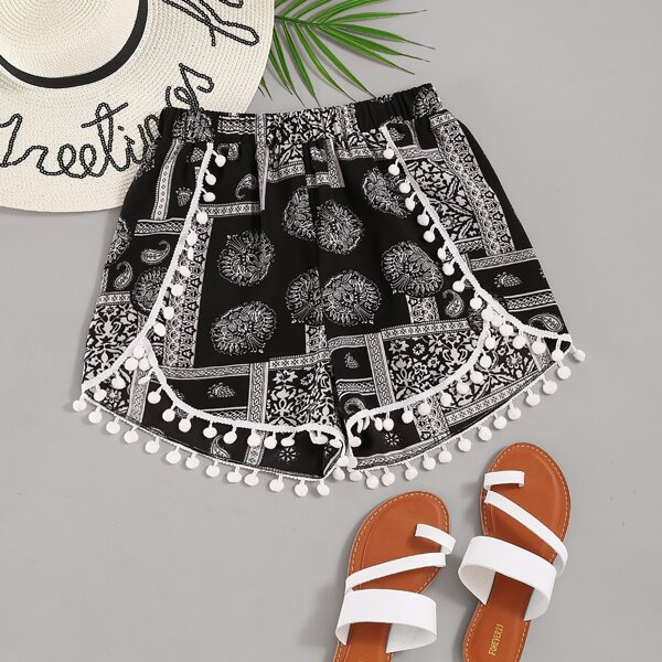 

Floral Print Pom Pom Detail Shorts, Black