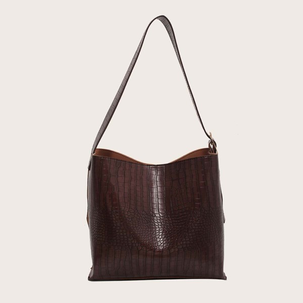 

Croc Embossed Bucket Bag With Inner Pouch, Coffee brown