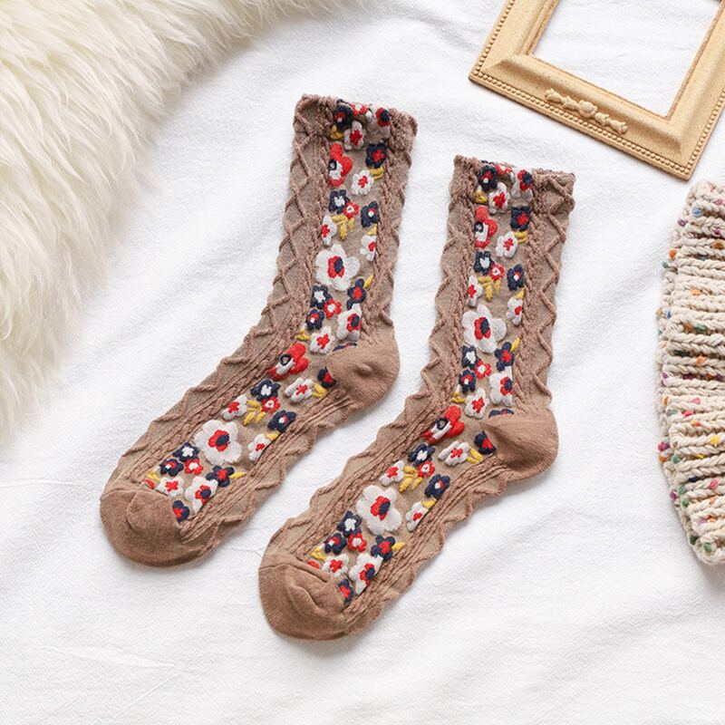 

1pair Flower Crew Socks, Grey