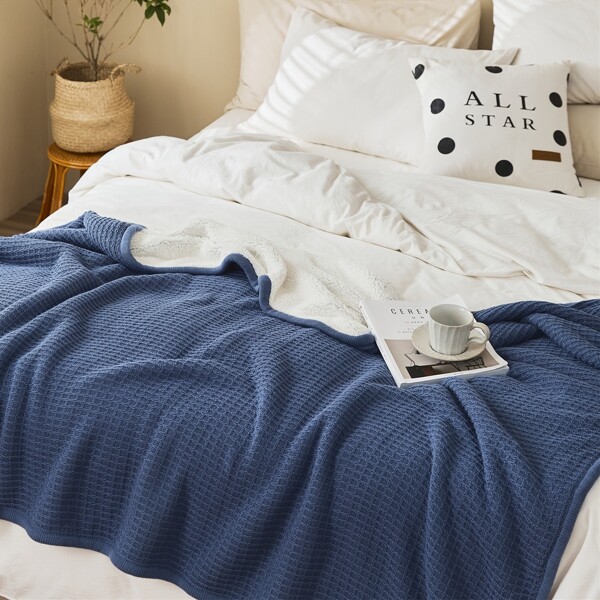 

Waffle Knitted Plush Blanket, Blue