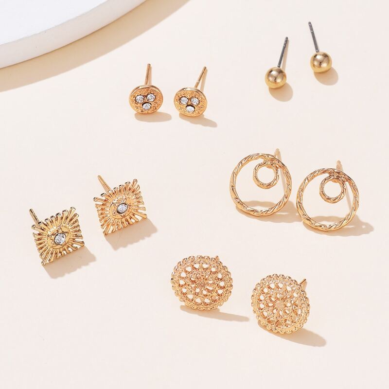 

5pairs Geo Stud Earring Set, Gold