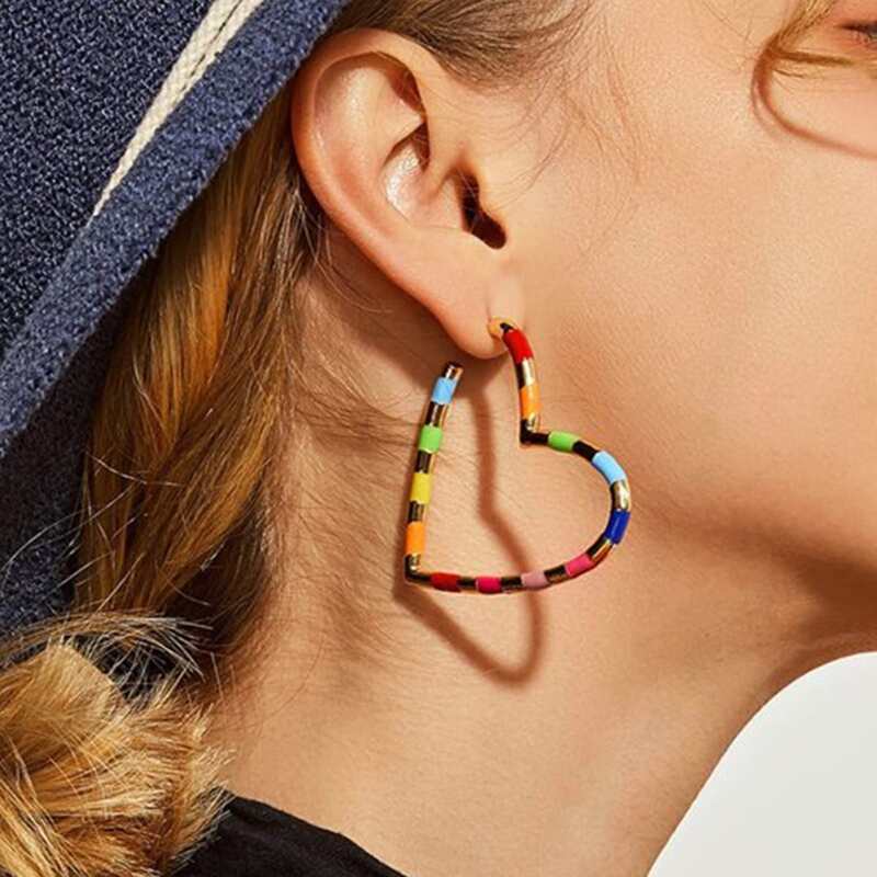 

Color Striped Heart Hoop Earrings, Multicolor