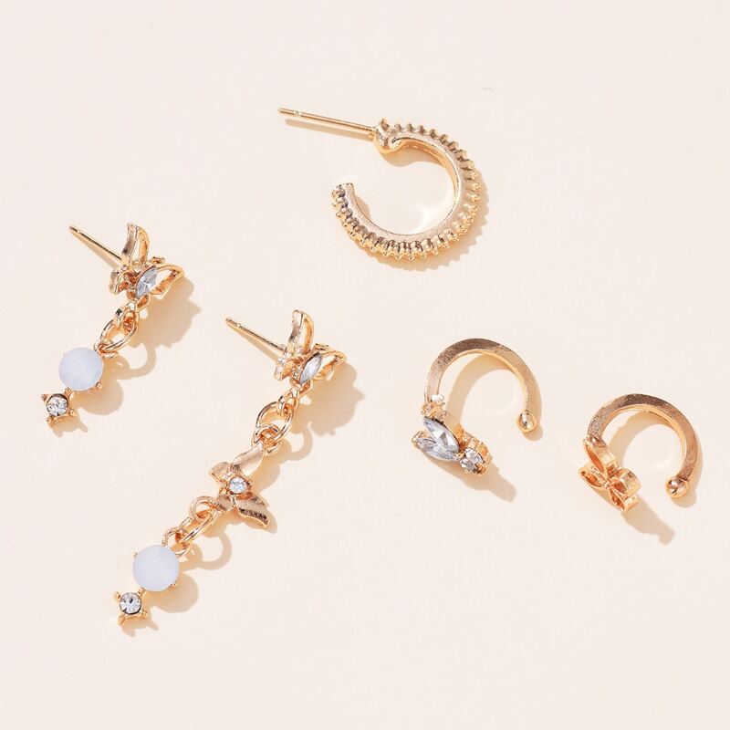 

5pcs Rhinestone Butterfly Earring Set, Gold