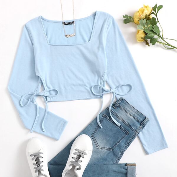 

Square Neck Cutout Knot Hem Crop Tee, Pastel baby blue