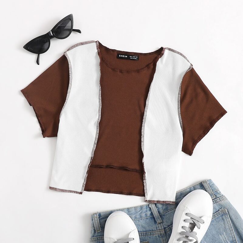 

Colorblock Contrast Stitch Asymmetrical Hem Top, Multicolor