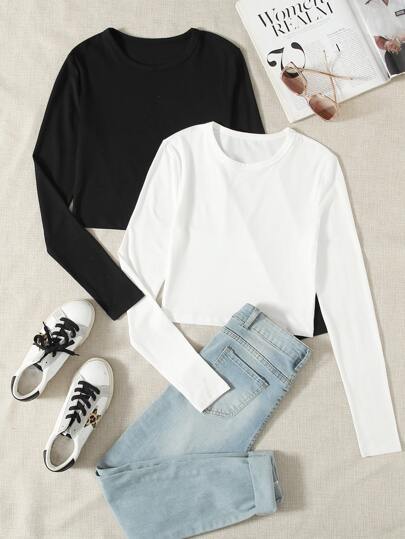 2pcs Solid Crop Tee
