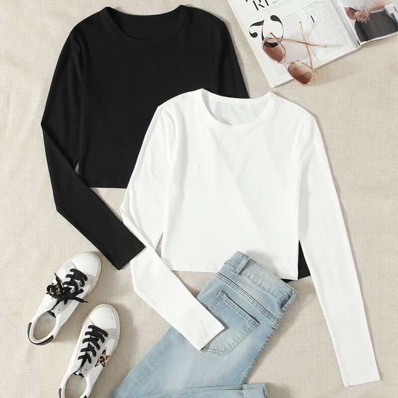 

2pcs Solid Crop Tee, Black and white