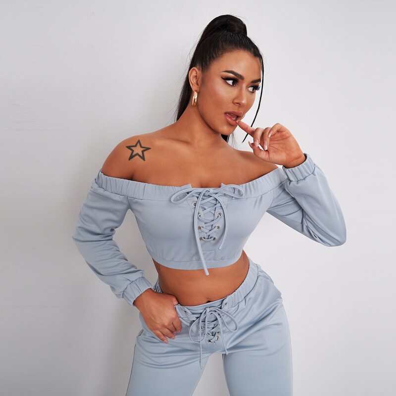 

Off Shoulder Lace Up Front Crop Top, Light grey