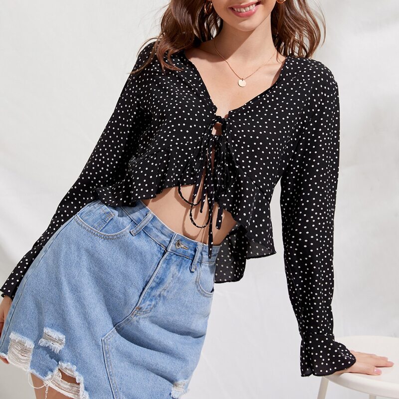 

All Over Print Tie Front Crop Top, Black