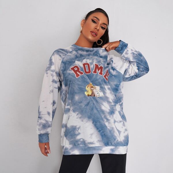 

Raglan Sleeve Letter Graphic Tie Dye Pullover, Multicolor