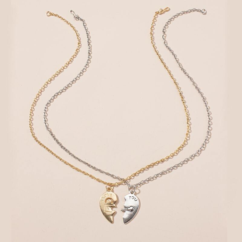 

2pcs Half Heart Pendant Necklace, Multicolor