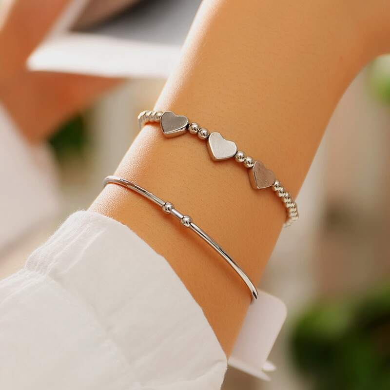 

2pcs Heart Beaded Bracelet Set, Silver
