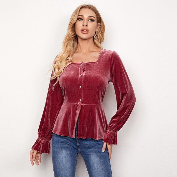 

Velvet Pearls Button Ruffle Hem Blouse, Rose red