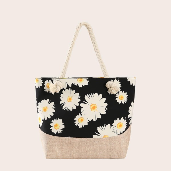 

Floral Graphic Tote Bag, Black