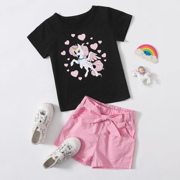 

Toddler Girls Cartoon Graphic Tee & Belted Shorts, Multicolor