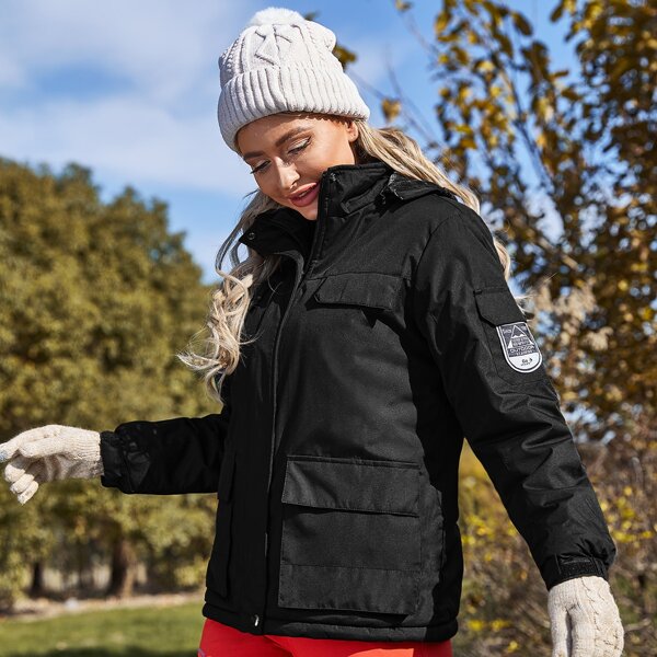 

Patched Flap Pocket Fleece Lined Waterproof Hooded Jacket, Black
