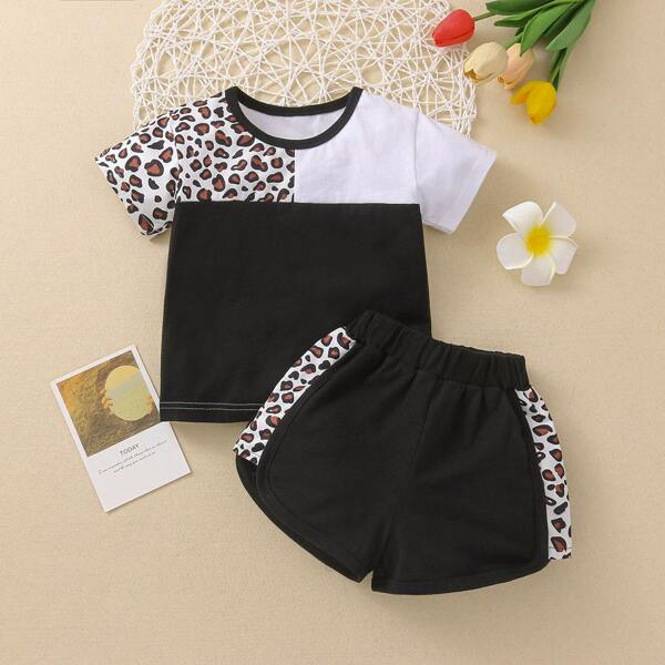 

Baby Unisex Contrast Leopard Panel Tee & Shorts, Multicolor
