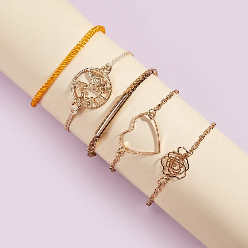 

5pcs Flower & Heart Bracelet Set, Gold