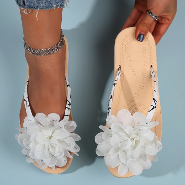 

Floral Decor Flip Flops, White