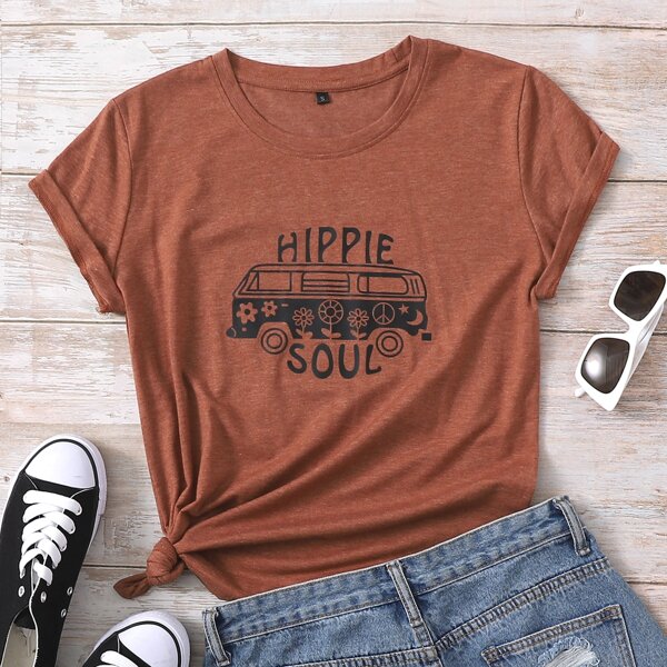 

Bus And Letter Graphic Tee, Rust brown