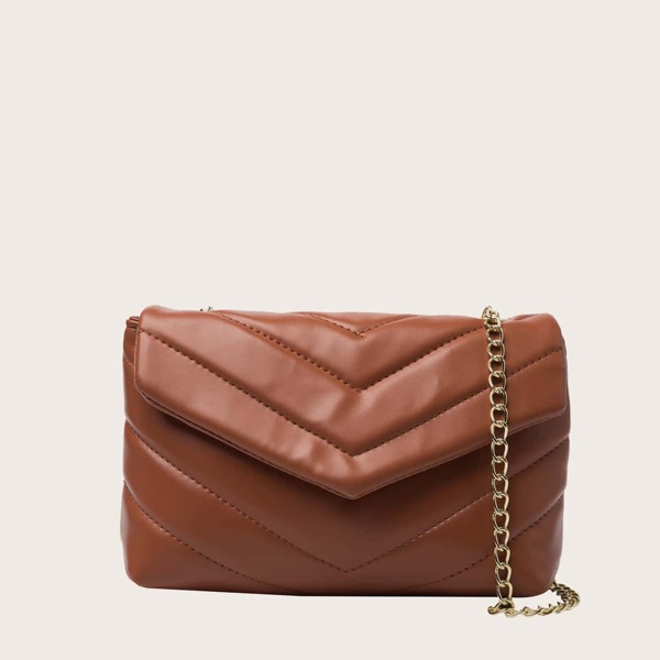 

Flap Chevron Chain Shoulder Bag, Brown