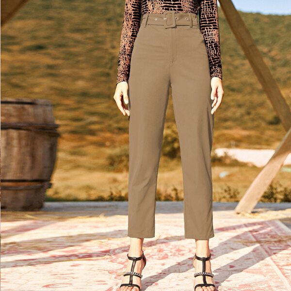 

High-Rise Belted Tailored Pants, Khaki