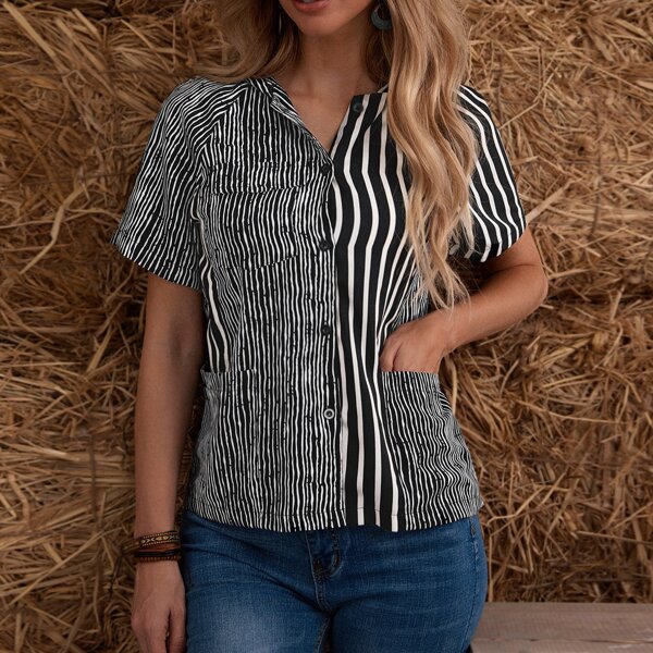 

Striped Button Up Hooded Blouse, Black and white