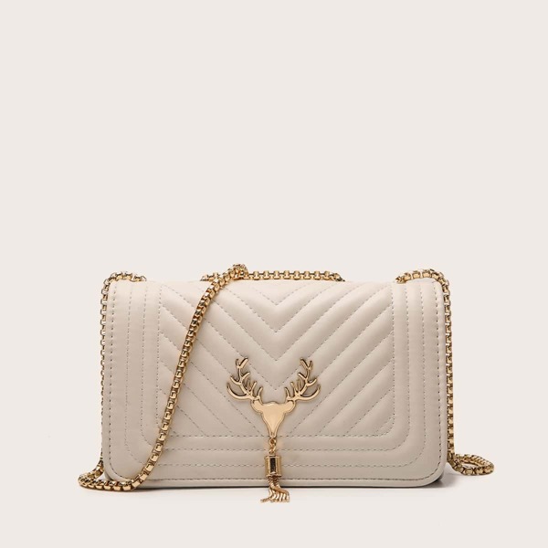 

Metal Tassel Charm Chevron Shoulder Bag, Apricot