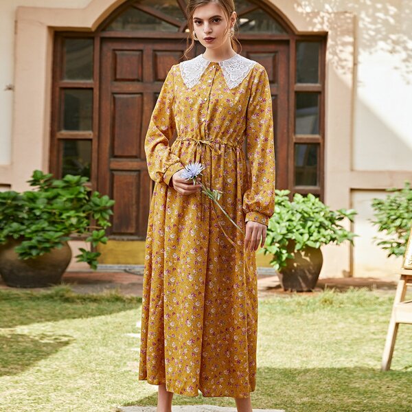 

Floral Lace Statement Collar Drawstring Waist Dress, Mustard yellow