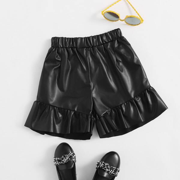 

Toddler Girls PU Leather Ruffle Hem Shorts, Black