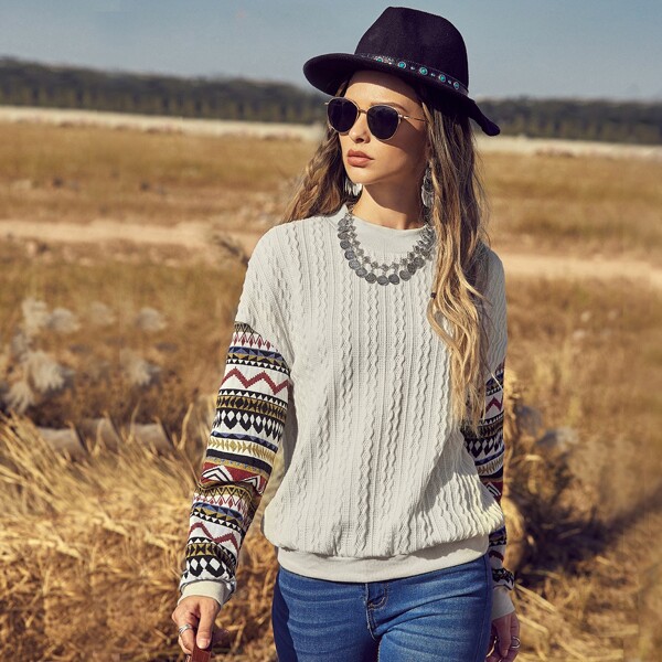 

Chevron Print Drop Shoulder Sweatshirt, White