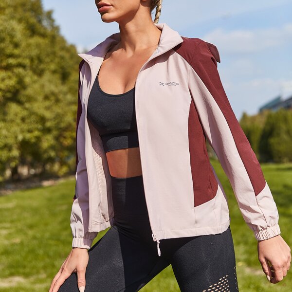 

Contrast Panel Drawstring Hooded Sports Jacket, Baby pink