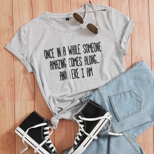 

Slogan Graphic Round Neck Tee, Grey