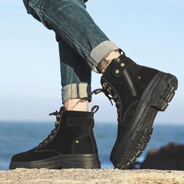 

Lace-up Front Zipper Side Boots, Black