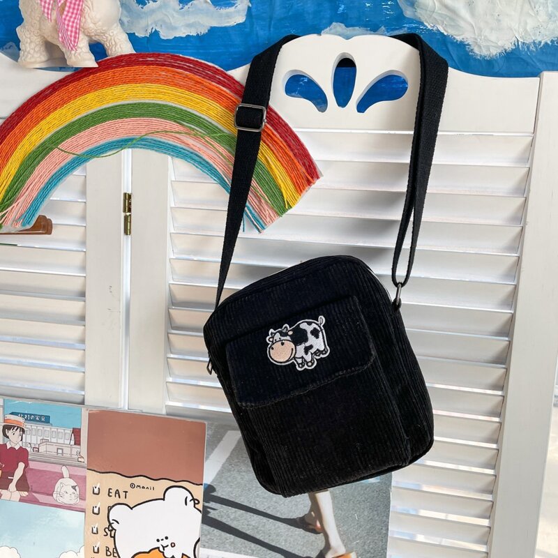 

Cartoon Cow Corduroy Crossbody Bag, Black
