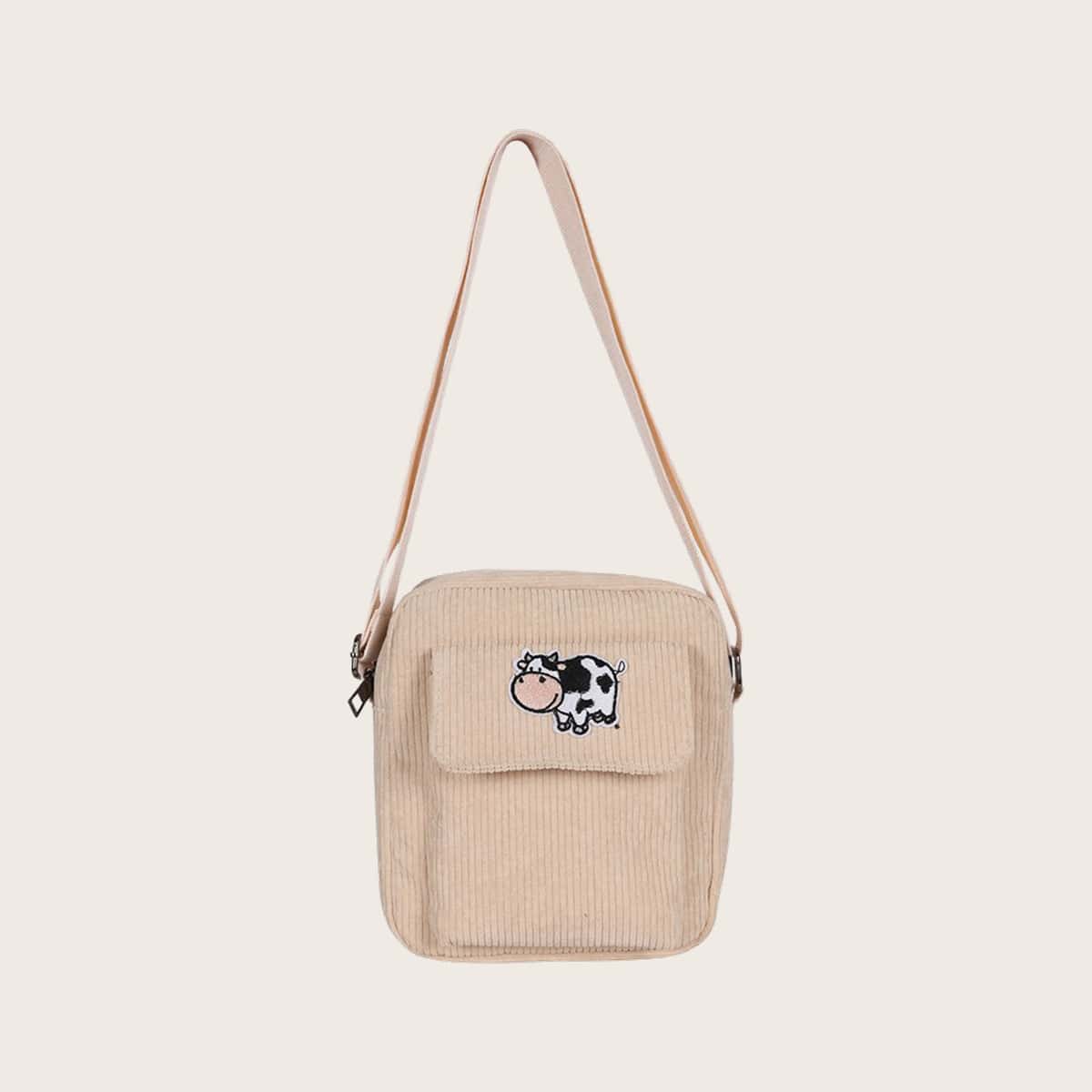 

Cartoon Cow Corduroy Crossbody Bag, Beige