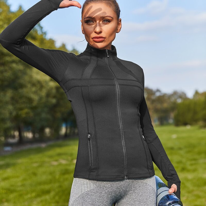 

Solid Zip Up Sports Jacket With Thumb Hole, Black