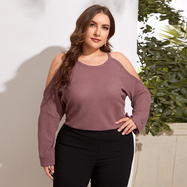 

Plus Cold Shoulder Waffle Knit Tee, Redwood