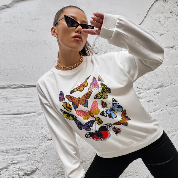 

Butterfly Print Drop Shoulder Sweatshirt, Beige