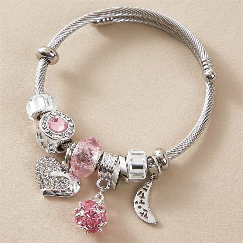 

Rhinestone Heart Charm Bracelet, Silver