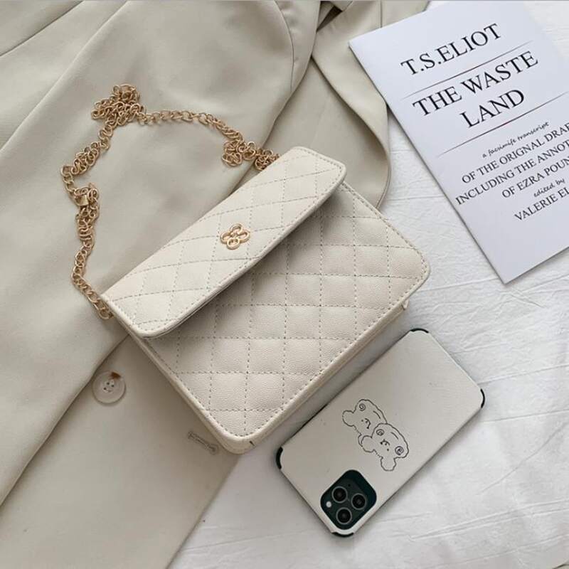 

Quilted Chain Crossbody Bag, Beige