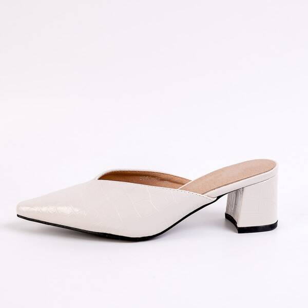 

Point Toe Croc Embossed Chunky Heeled Mule Heels, Beige