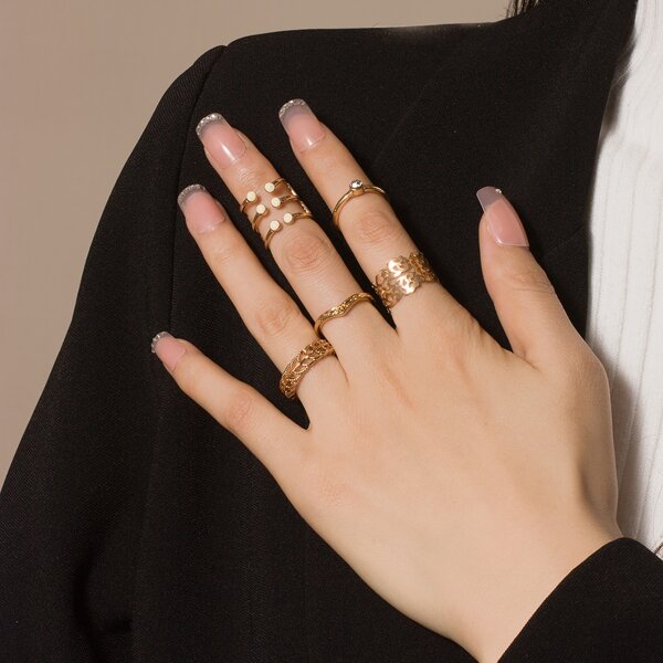 

5pcs Rhinestone Detail Ring, Gold